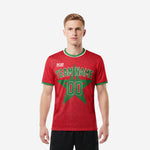 Custom red soccer shirts with Kelly Green star sublimated print and crew neck trim, front view, K2 Sportswear