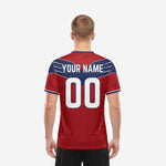Back detail of custom red and white soccer jersey team showing player surname and number in white on crimson red body