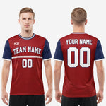 Custom red and white soccer jersey front and back view with team name on chest and player name over back number on mens model