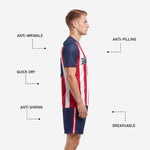Back view of red white and navy soccer uniforms for teams with custom name and number placement