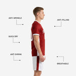Side view of custom red soccer kit showing anti-wrinkle quick-dry breathable fabric features on dark red jersey