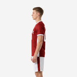 Full set custom red soccer kit in dark red and white available in youth and adult sizes YS through 3XL