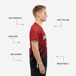 Custom red soccer shirt crew neckline detail showing black and white contrast trim against the dark red sublimated fabric