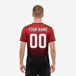 Custom red soccer shirt back view showing player name and number in white sublimated print on dark red and black gradient fabric
