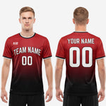 Custom red soccer shirt sleeve cuff detail with black and white contrast trim on dark red and black gradient short sleeve jersey