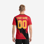 Custom red soccer shirt back view showing Athletic Gold player name and number on Fire Red sublimated jersey