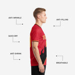 Crew neck collar detail on custom red soccer shirt with black and Athletic Gold stripe trim