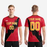 Sleeve cuff detail on men's custom red soccer shirt showing Athletic Gold stripe accent trim