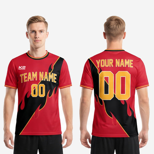 Sleeve cuff detail on men's custom red soccer shirt showing Athletic Gold stripe accent trim