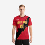 Men's custom red soccer shirt with black flame panel and Athletic Gold team name, front view, K2 Sportswear