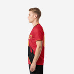Men custom red soccer shirts with diagonal black flame panel and Athletic Gold number, right side view