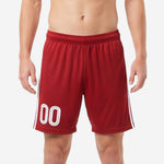 Custom red soccer shorts in crimson with white side stripes and number 00 on left leg, front view, mens athletic fit