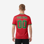 Custom red and green soccer team shirt with team name and number printed inside star motif, K2 Sportswear