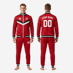 Red soccer tracksuit stand collar and ribbed cuff detail showing black and white contrast trim on full zip jacket neckline and wrist
