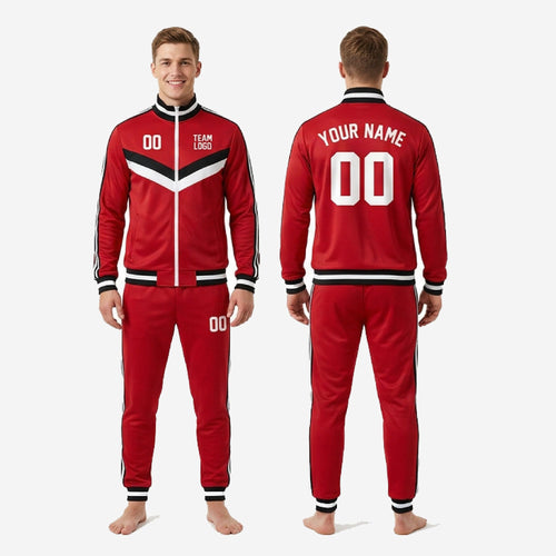 Red soccer tracksuit stand collar and ribbed cuff detail showing black and white contrast trim on full zip jacket neckline and wrist