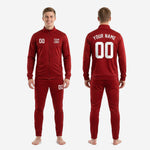Custom red soccer tracksuit full 2-piece crimson squad kit with stand collar jacket and matching tapered pants made to order
