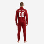 Custom red soccer tracksuit jacket detail showing tonal chevron pattern and sublimated white team number on crimson polyester fabric