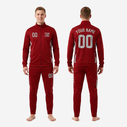 Custom red soccer track pants maroon with silver hex outer-leg panel and squad number print on tapered pant leg