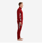 Custom red soccer tracksuit maroon and silver hex panel side view showing tapered pant leg and full-zip stand collar jacket