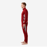Mens custom red soccer tracksuit maroon side profile showing silver hex panel running from underarm to ankle on jacket and pants