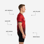 Back view of custom red soccer training jersey showing player name and number print zones on Crimson Black gradient fabric
