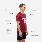 Custom red soccer training jersey athletic cut short sleeve showing full-dye sublimation geometric pattern coverage