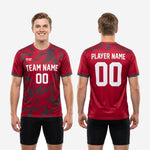 Red soccer training jersey Charcoal contrast cuff trim detail on short sleeve, custom made to order for club squads