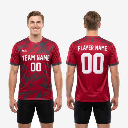 Red soccer training jersey Charcoal contrast cuff trim detail on short sleeve, custom made to order for club squads