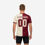 Back detail of a custom red soccer training jersey in maroon and cream with player surname above the back number in split-color print