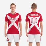Full kit view of custom red soccer uniform with athletic cut jersey and matching white sublimated shorts for club and school teams