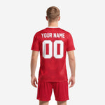 Custom red soccer uniform back view showing player name and number print zones on red polyester jersey