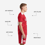 Close detail of red soccer uniform jersey showing sublimated geometric star pattern and white crew neckline trim