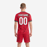Front detail of custom red spiderweb soccer jersey with team name and number, K2 Sportswear