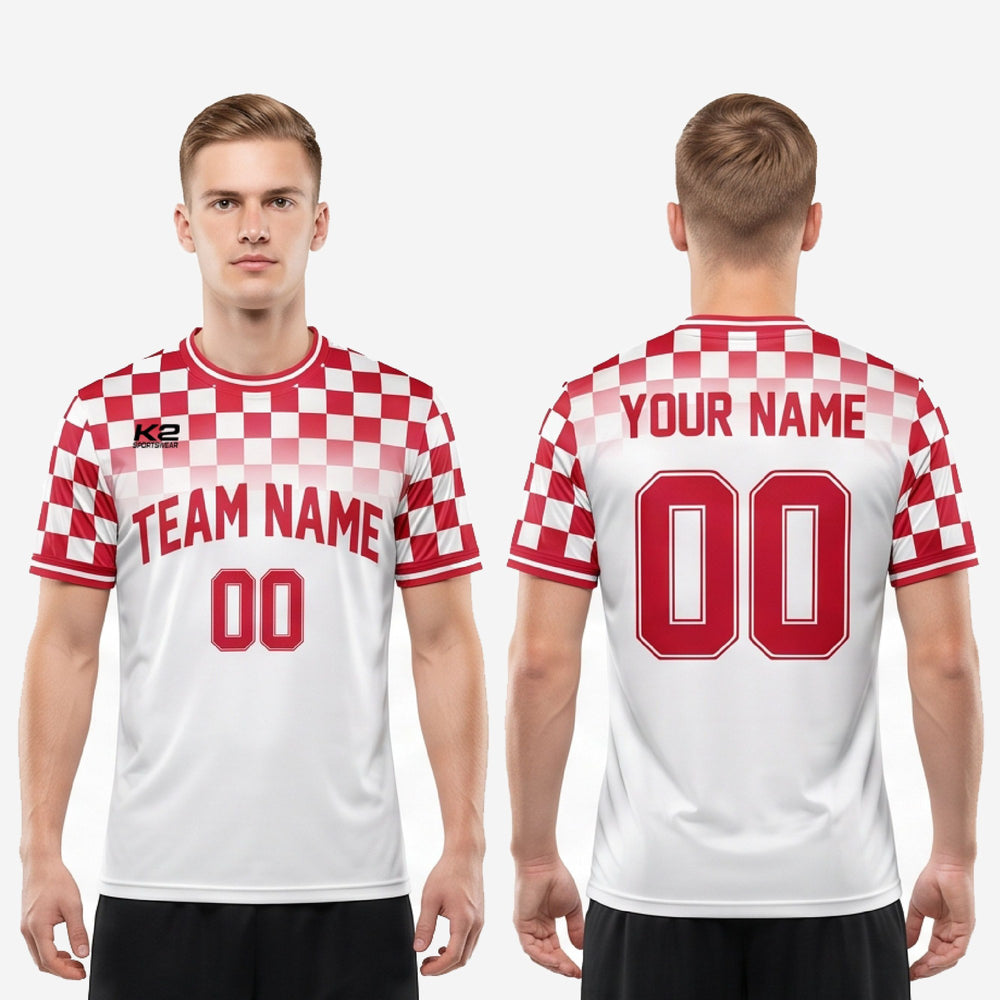 Red and White Soccer Jersey - Custom Checkered with Player Numbers