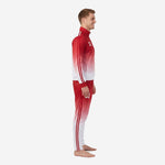 Custom red and white soccer tracksuit side view showing gradient fade from red shoulder to white ankle