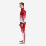 Men's red and white soccer tracksuit right side profile showing full gradient sublimation and white stripe trim