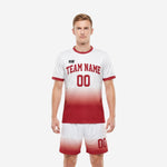 Custom red and white gradient soccer uniform set, front view, mens full kit with sublimated team name and number