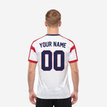 Custom red and white soccer jersey team back view showing large back number and player name in navy blue sublimation print