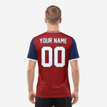 Custom red and white soccer jersey back view showing player name and number 00 in white on crimson body with navy blue sleeves