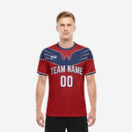 Custom red and white soccer jersey team with navy blue eagle shoulder panel, team name and front number, front view on male model