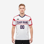 Custom red and white soccer jersey team with navy team name and front number on white sublimated short sleeve jersey front view