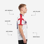 Custom red and white soccer jersey v-neck collar detail with navy blue and red contrast trim on white polyester jersey