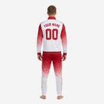Custom red soccer tracksuit jacket detail showing stand collar full-zip and gradient fade on 100 percent polyester