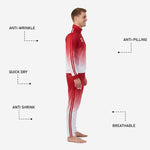 Custom red and white soccer tracksuit pants detail showing tapered leg gradient fade and red stripe trim