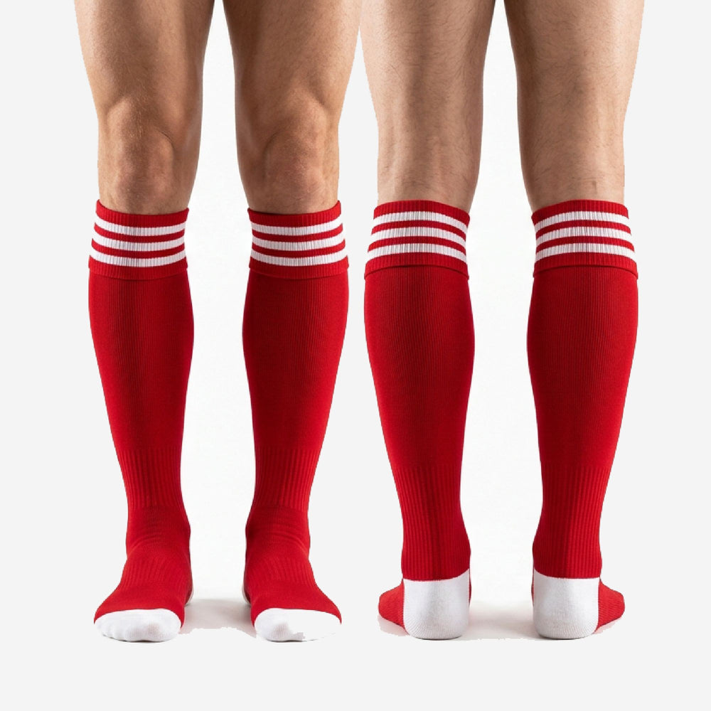 Mens Red Soccer Socks - Custom Red and White Striped Kit