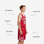 Close detail of red youth basketball jersey showing white arced team name and front number print zones with white V-neck binding