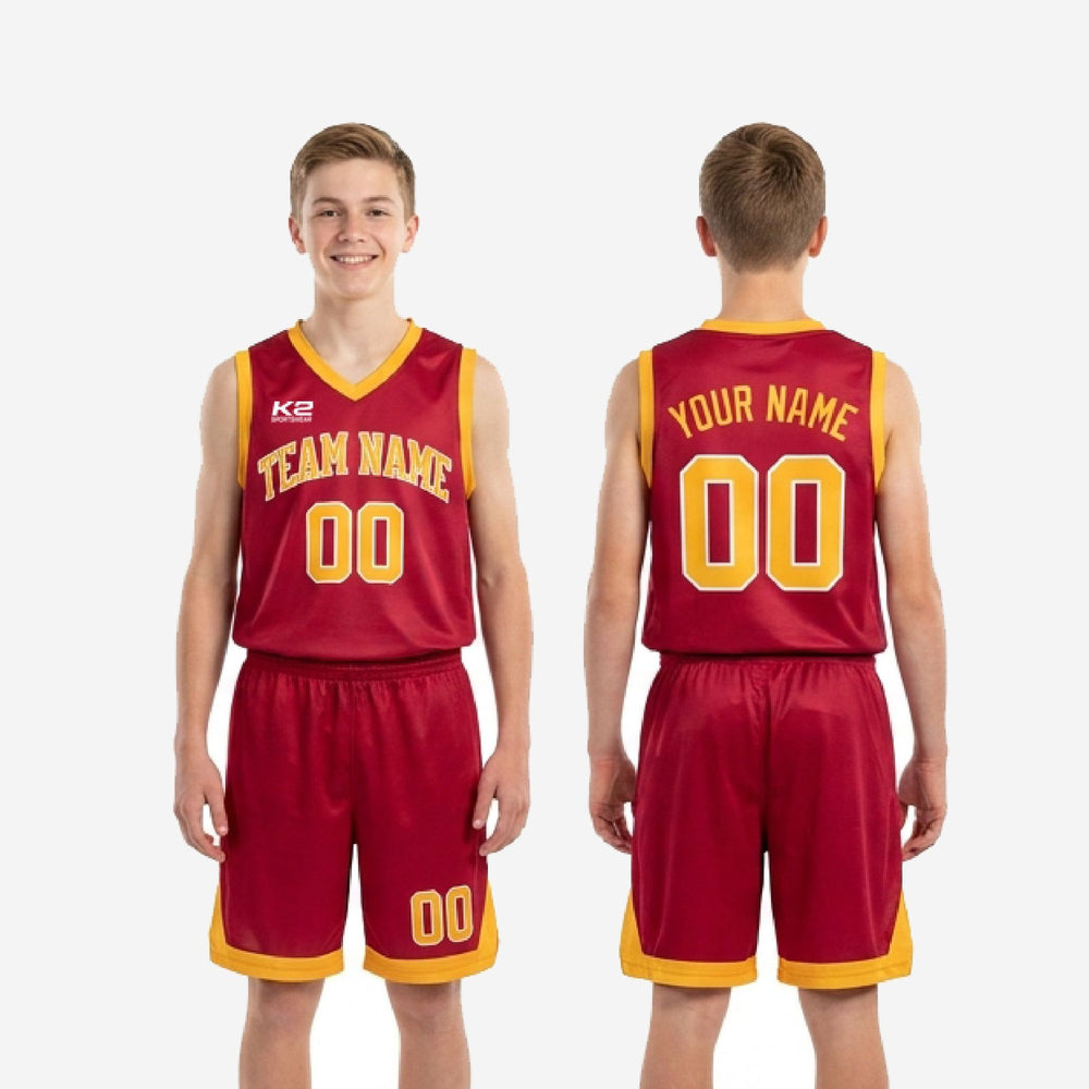 Side Panel Custom Red Youth Basketball Uniforms in Crimson and Gold