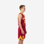 Size and specification sheet for custom red youth basketball uniforms showing available youth sizes for full roster ordering