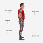 Close-up detail of sublimated red youth football jersey showing V-neck grey collar binding, grey sleeve band, and front number print quality