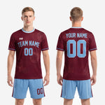 Back view of custom retro soccer uniform in maroon and powder blue showing player name and number print zones